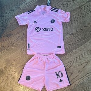 Adidas Kids Pink Soccer Jersey and Shorts